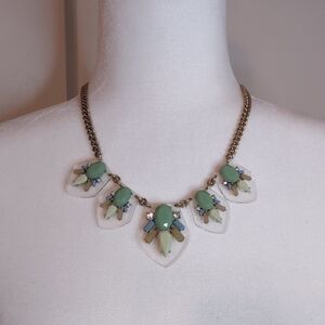 J. Crew Necklace Rhinestone Lucite Statement Brass Chain Signed With Cloth Bag